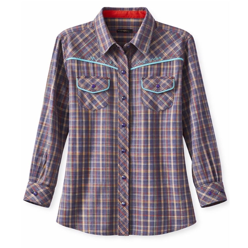 Cowgirl Up Womens Purple Plaid Western‎ Jewel Snap Shirt Turquoise Trim Large